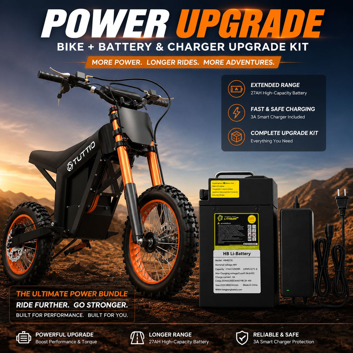 TUTTIO Soleil01 Electric Dirt Bike Bundle with Original 21Ah Battery + 27Ah Upgrade Battery Kit & 3A Charger - Ridoza